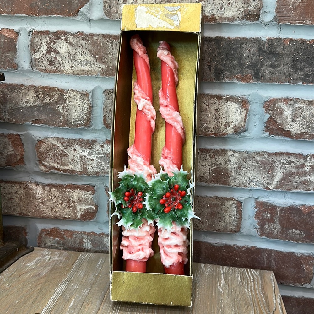 Vintage Penn Wax Works Christmas Holly Taper Candles